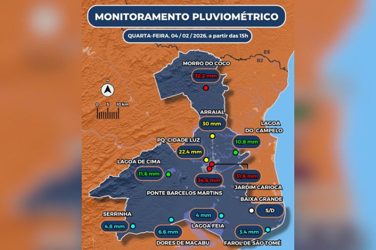 Defesa Civil de Campos emite alerta para chuva forte no fim da tarde desta quinta-feira
