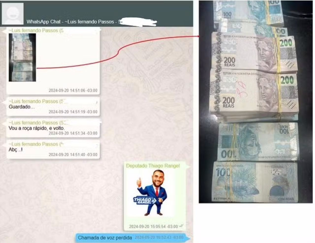 Deputado Thiago Rangel postou figurinha com a própria imagem após receber foto de dinheiro vivo