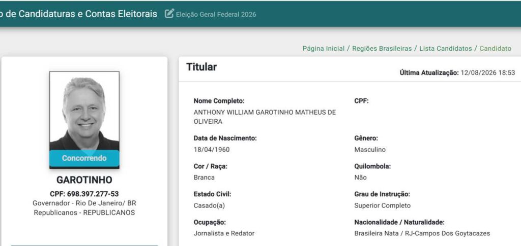 Eleições 2026: Republicanos registra candidatura de Garotinho ao governo do Estado do Rio 1 Garotinho, candidato ao governo do Rio de Janeiro