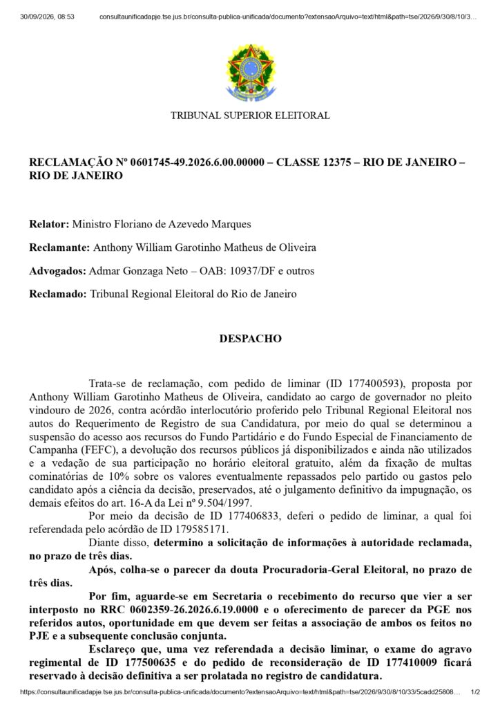 TSE intima TRE-RJ nesta quarta-feira (30) para comunicar decisão unânime que confirmou campanha de Garotinho e manda Eduardo Paes esperar julgamento. Veja decisão 2 TSE despacho Garotinho x TRE RJ Eduardo Paes page 0001